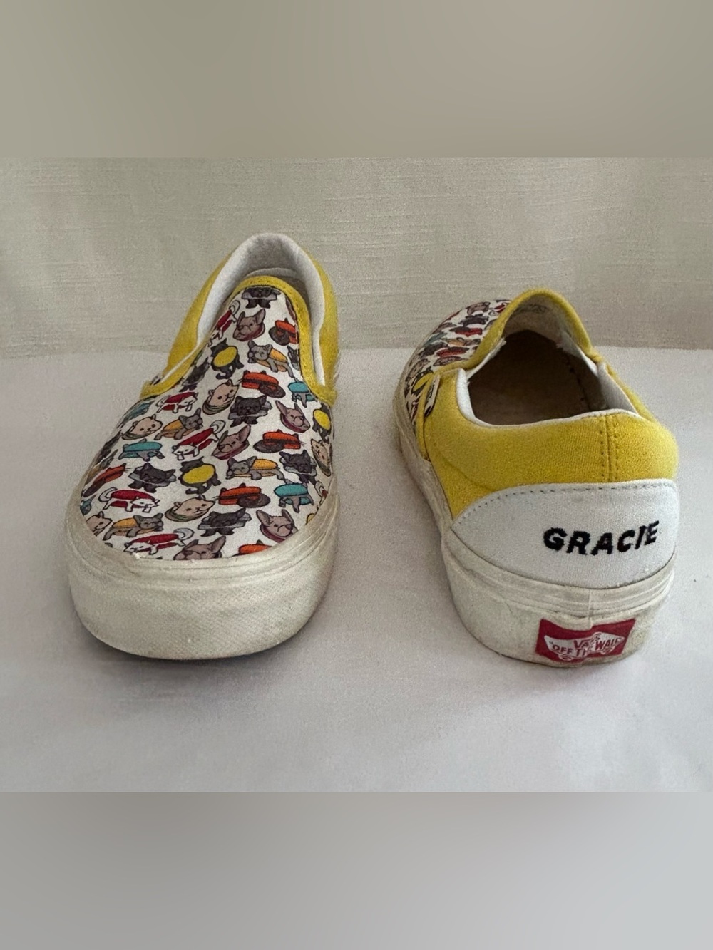 Vans Custom Dog and Cat Slip-On Shoes in White with Yellow Trim - Picture 6 of 8